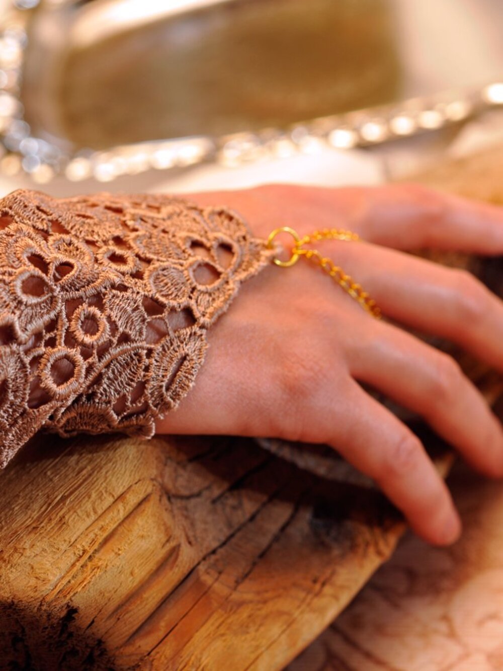 Handmade Venetian Lace Wrist Cuff Gauntlet | Gold-tone Chain | Upcycled